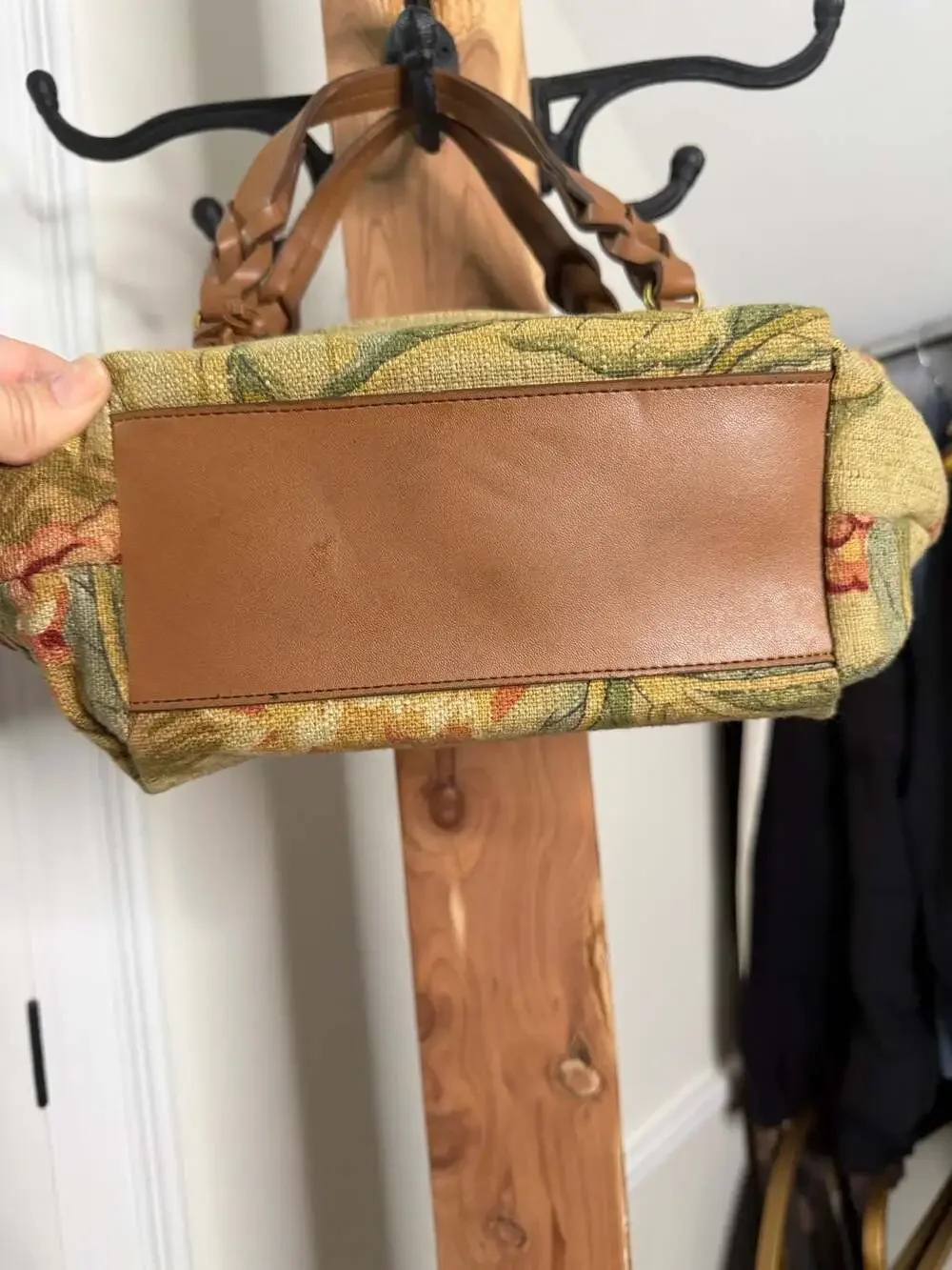 Vintage Fossil Floral Tapestry Handbag with Braided Leather Handles.